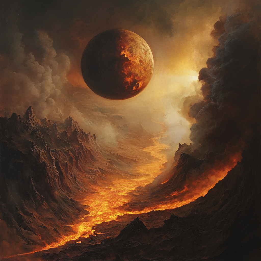 The Fiery Planet with Volcanoes and Thick Smoke