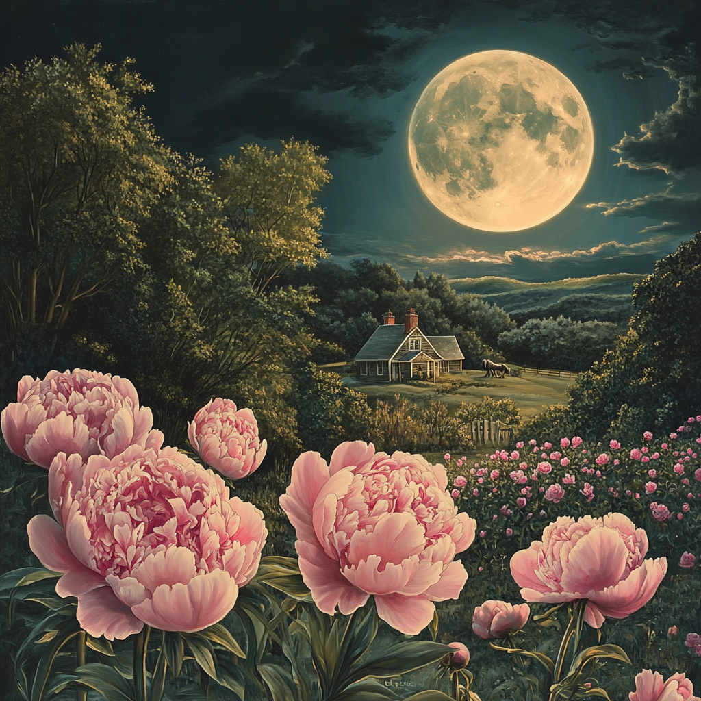 The Full Moon Shining Over a Floral Garden