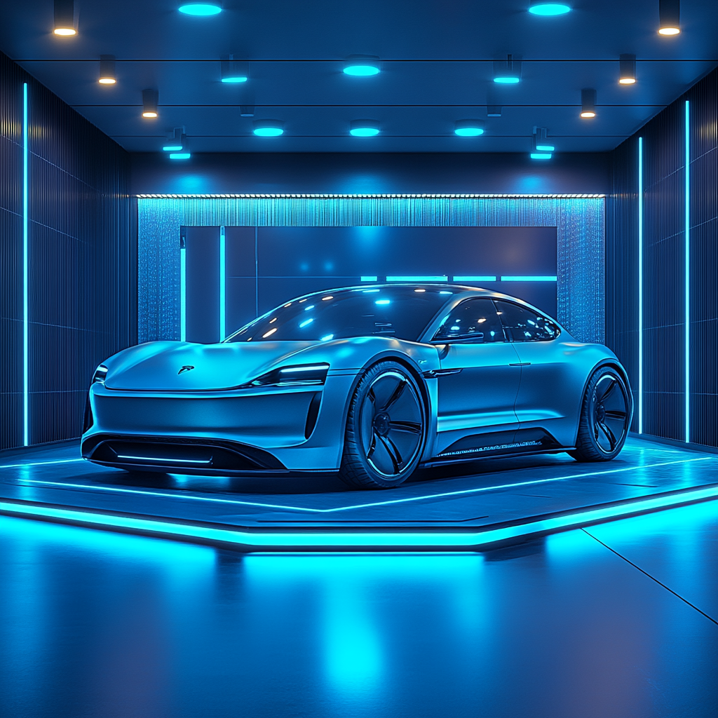 The Futuristic Blue Electric Car Display Booth