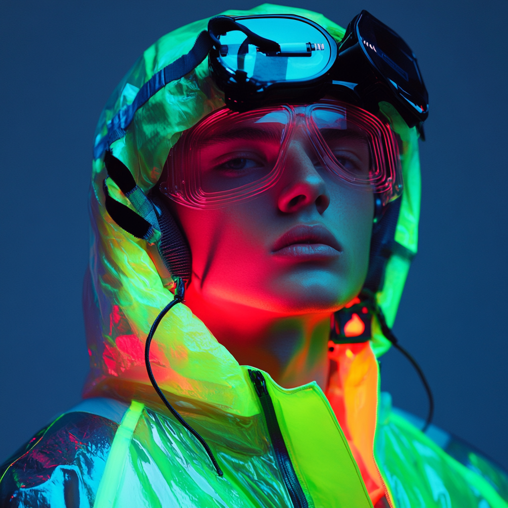 The Futuristic Man in Vibrant Fluo Liquid Outfit