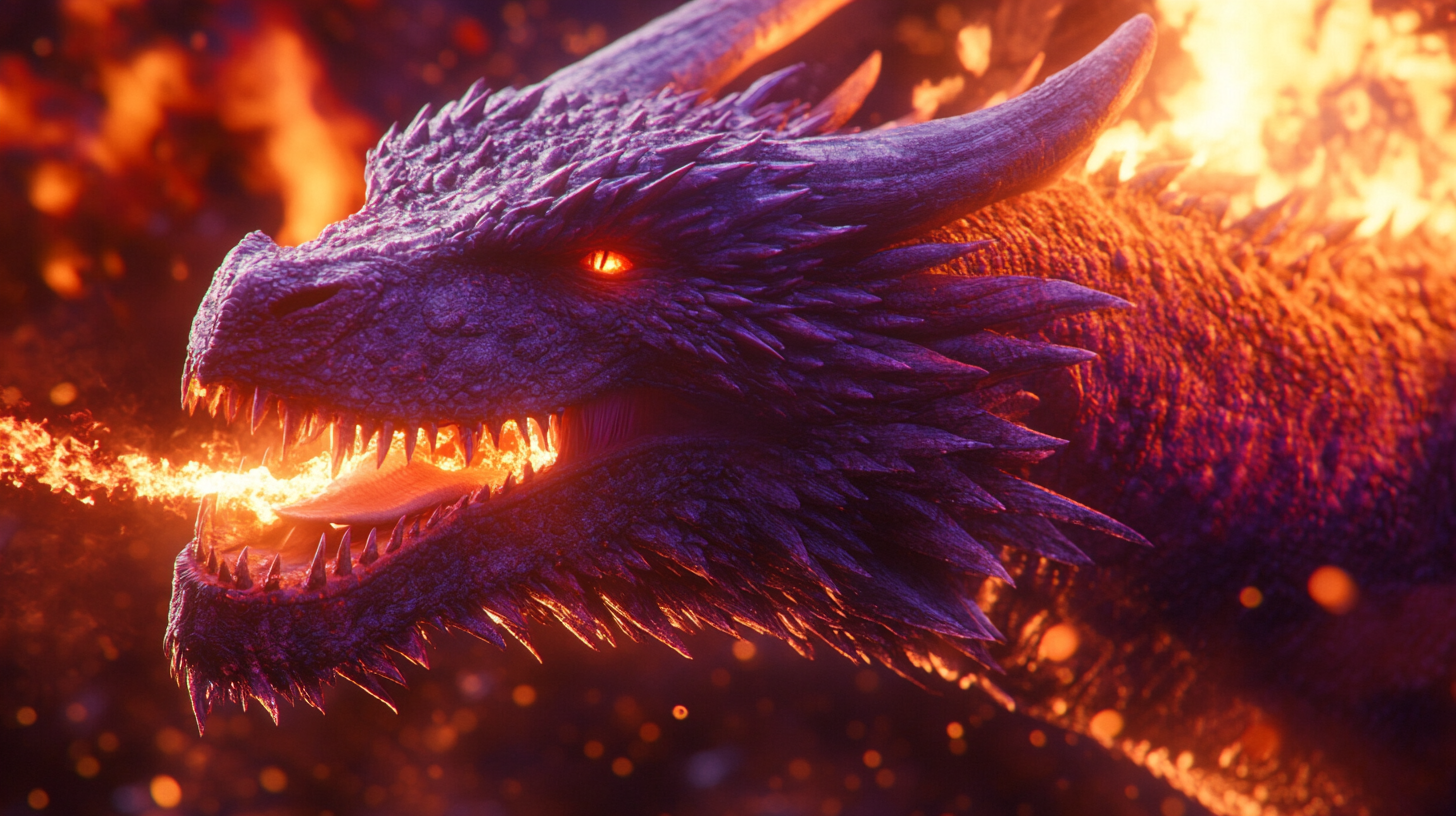 The Giant Dragon Breathing Flames in Fiery Light