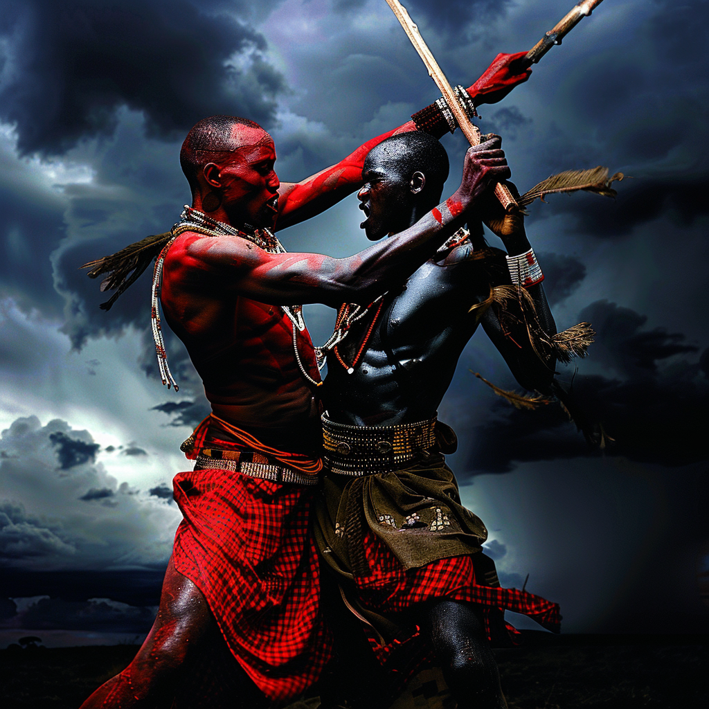 The Giant Masai Warriors Wrestling Under Stormy Sky