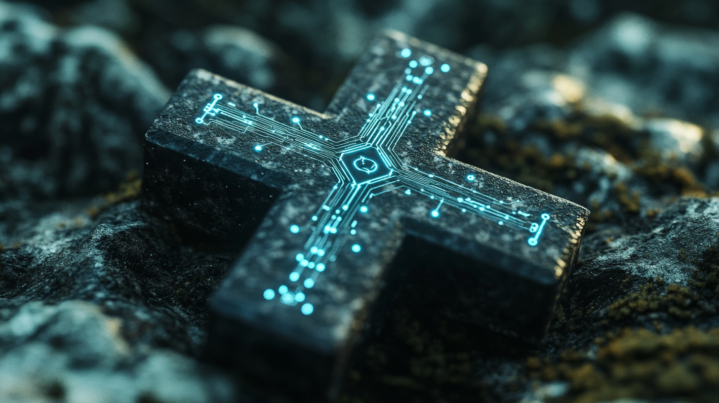 The Glowing Byzantine Cross with Blue Circuit Design