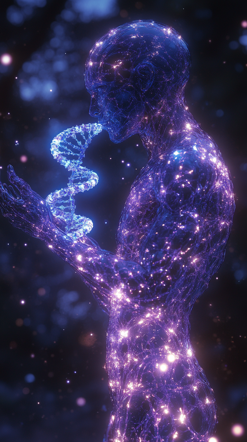 The Glowing Purple Figure Holding DNA Helix