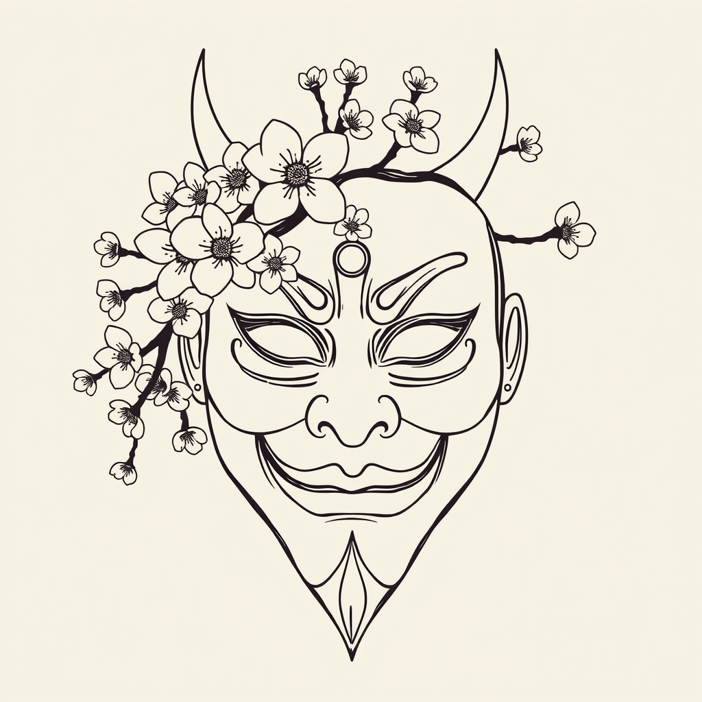 The Hannya Mask and Cherry Blossom Outline