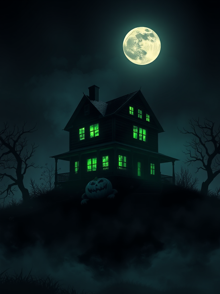 The Haunted House on Halloween Night Under Full Moon