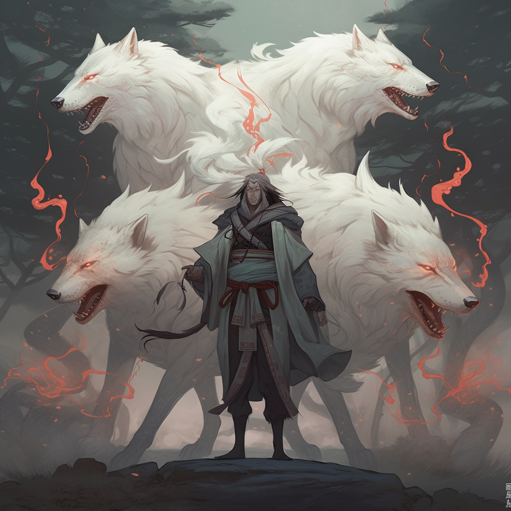 The Japanese Man with Giant Foxes and Lightning