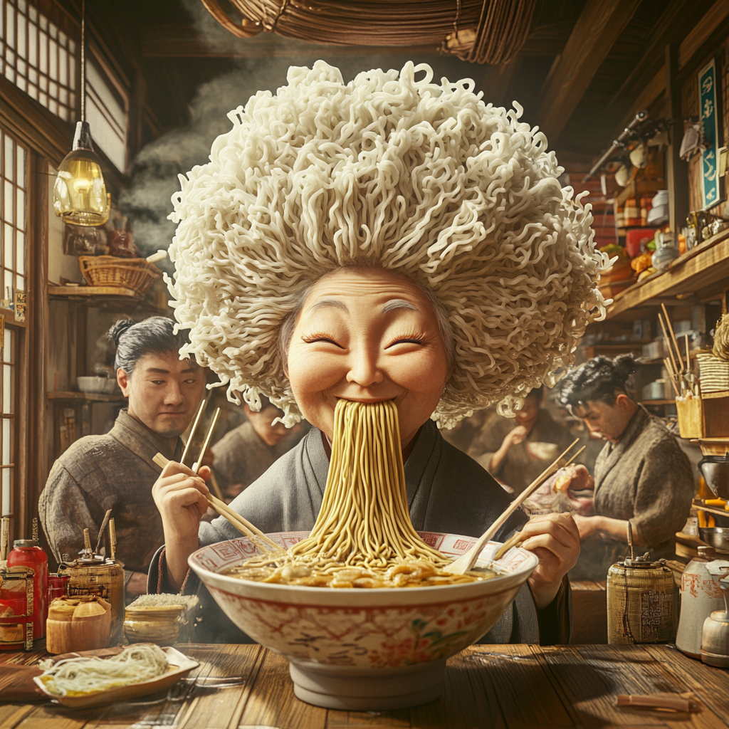 The Japanese Woman with Noodle Hairstyle in Ramen Shop