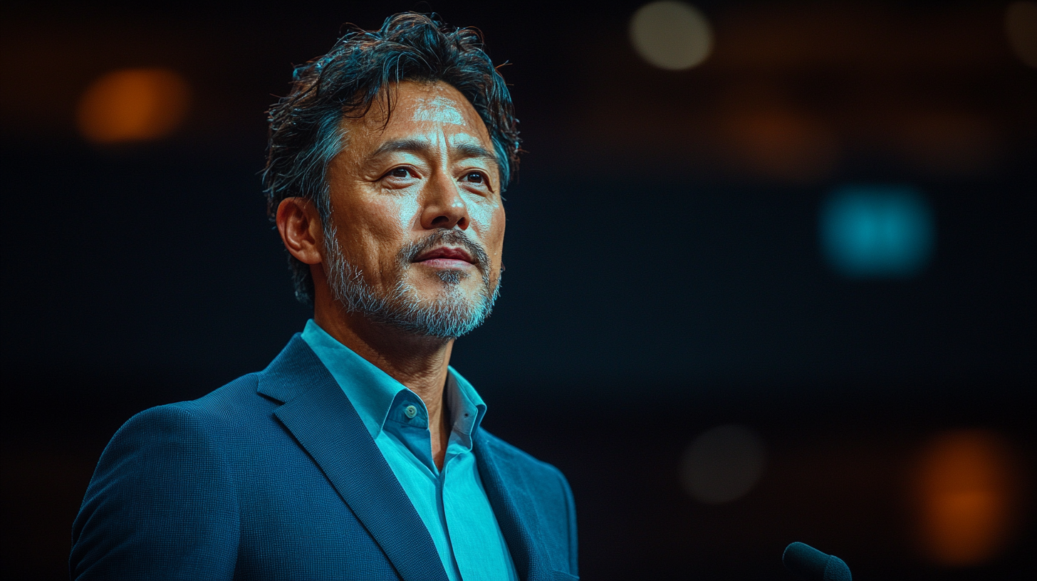 The Japanese man giving important presentation on stage