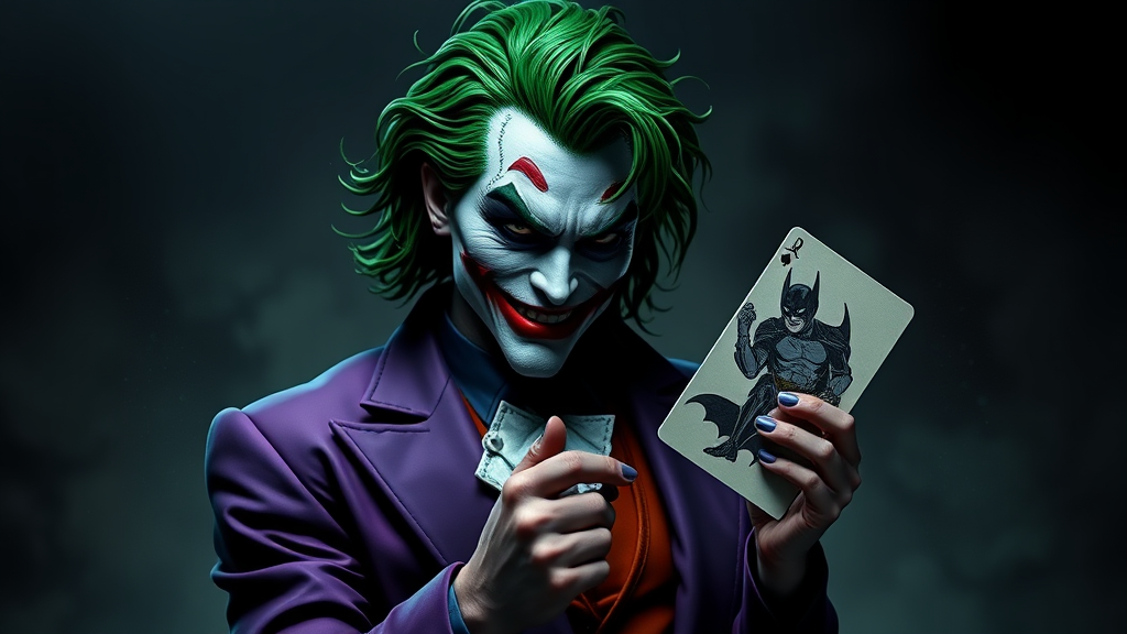 The Joker Holding Batman Card in Purple Outfit