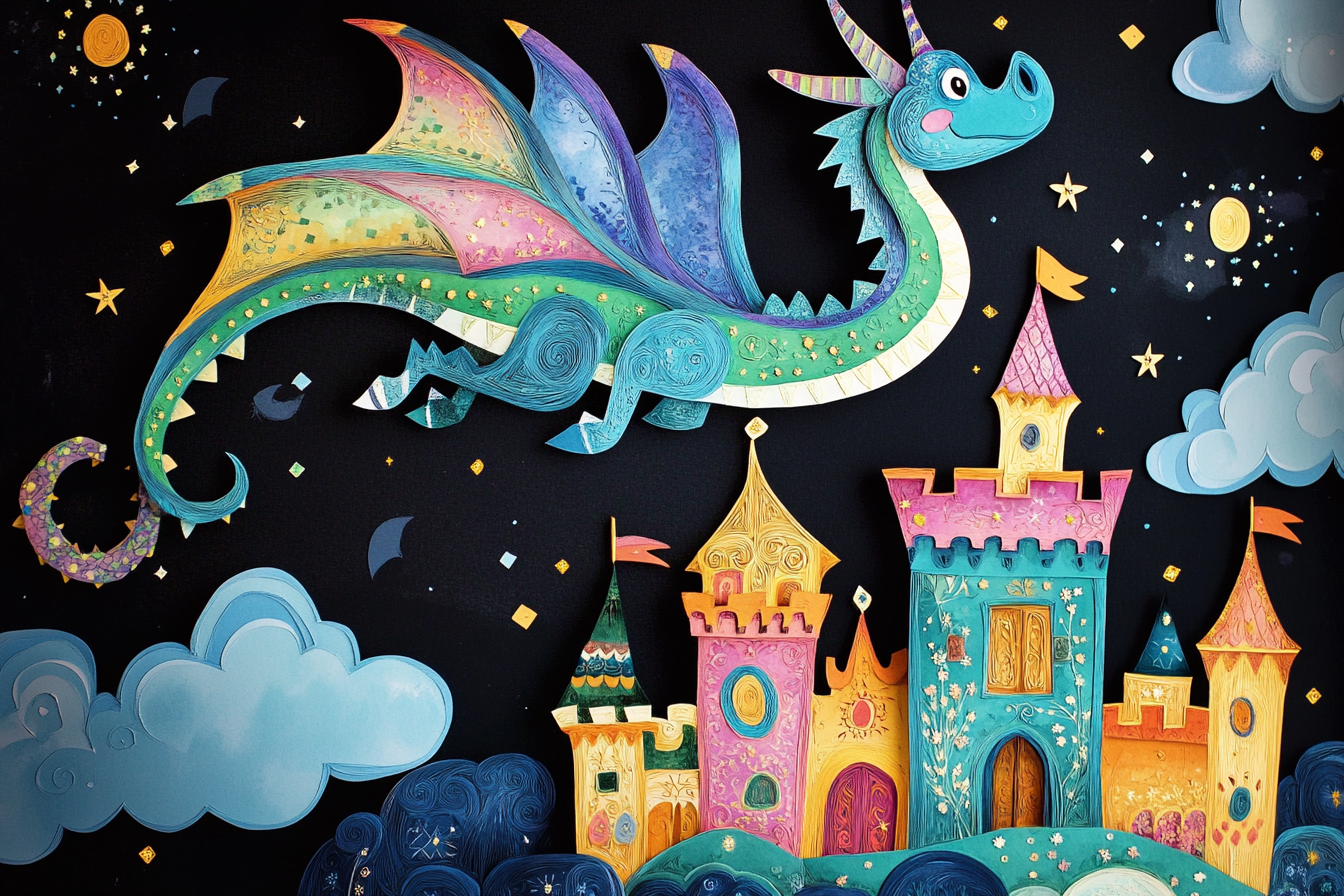 The Joyful Dragon Soaring Over Magical Castle