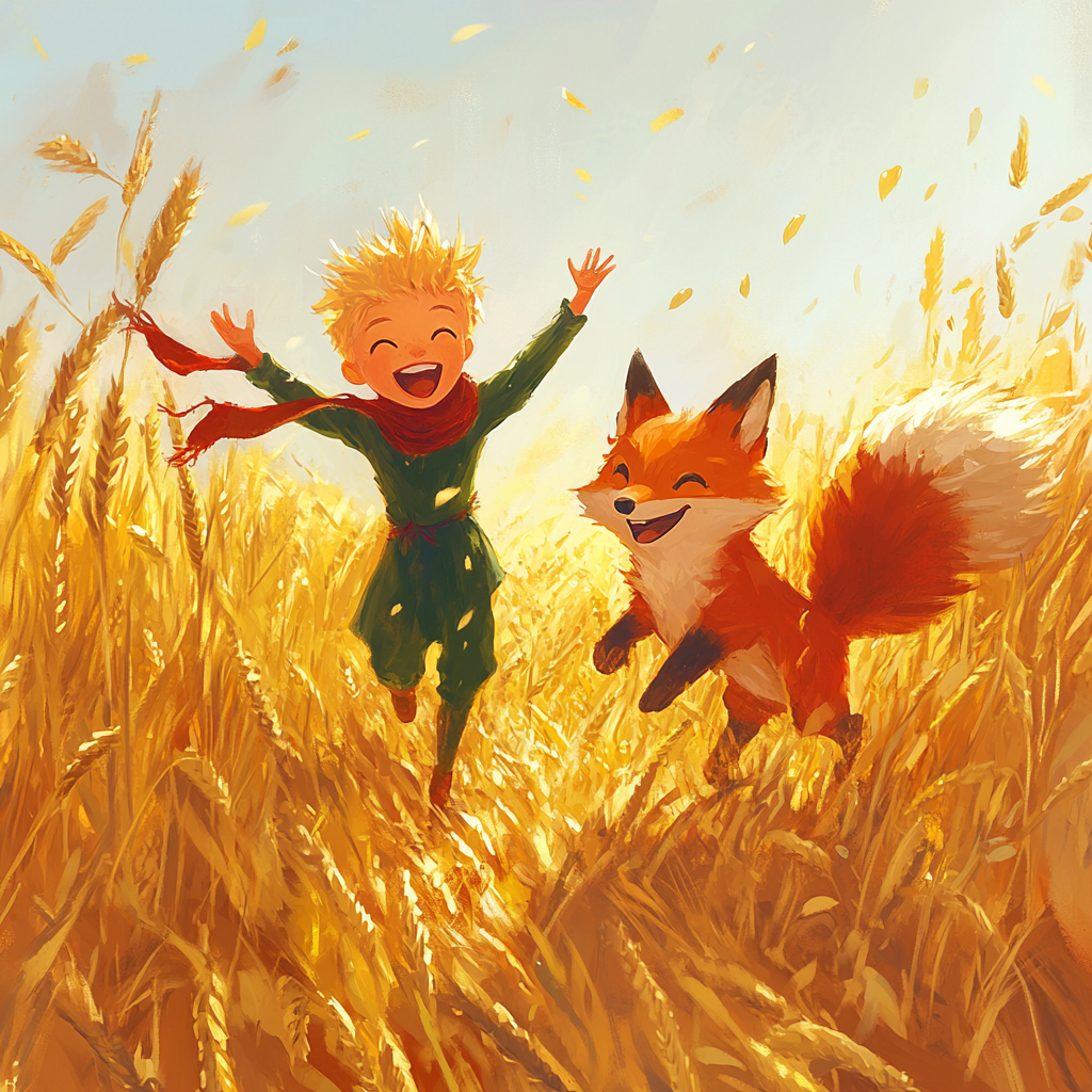 The Little Prince and Fox Running in Field