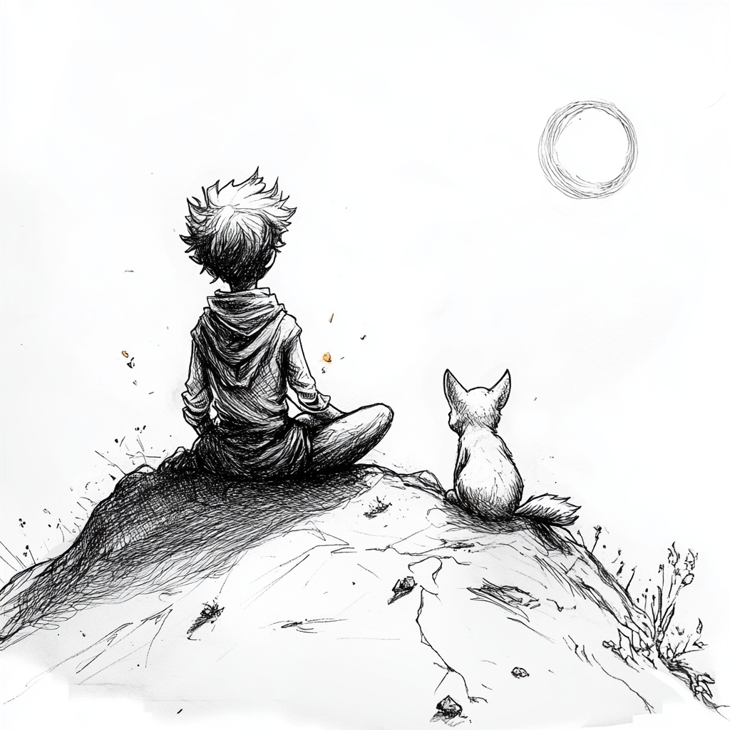 The Little Prince and Fox on compass tattoo design.