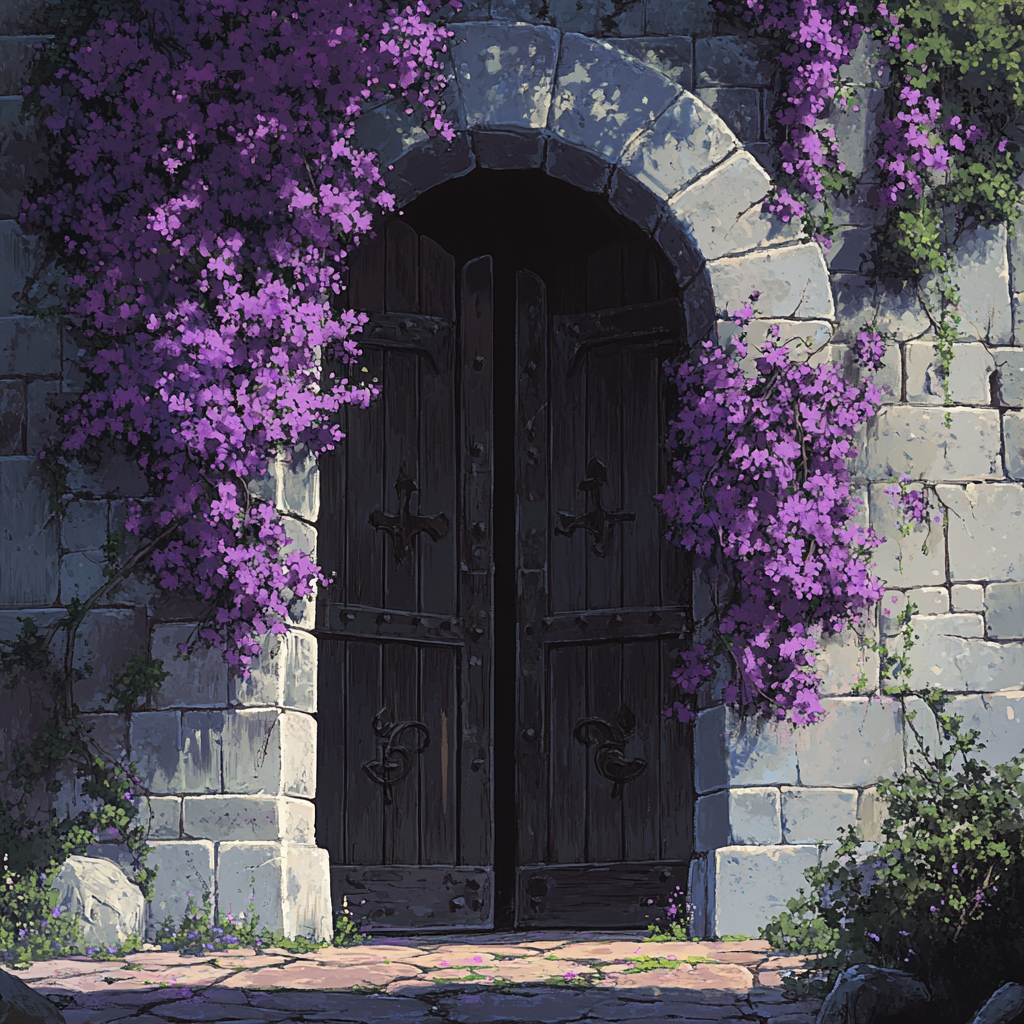 The Magical Double Castle Gates with Purple Flowers