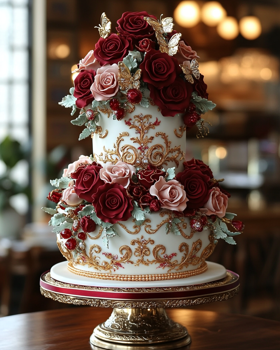 The Majestic Vase-Shaped Multi-Tiered Rose Cake