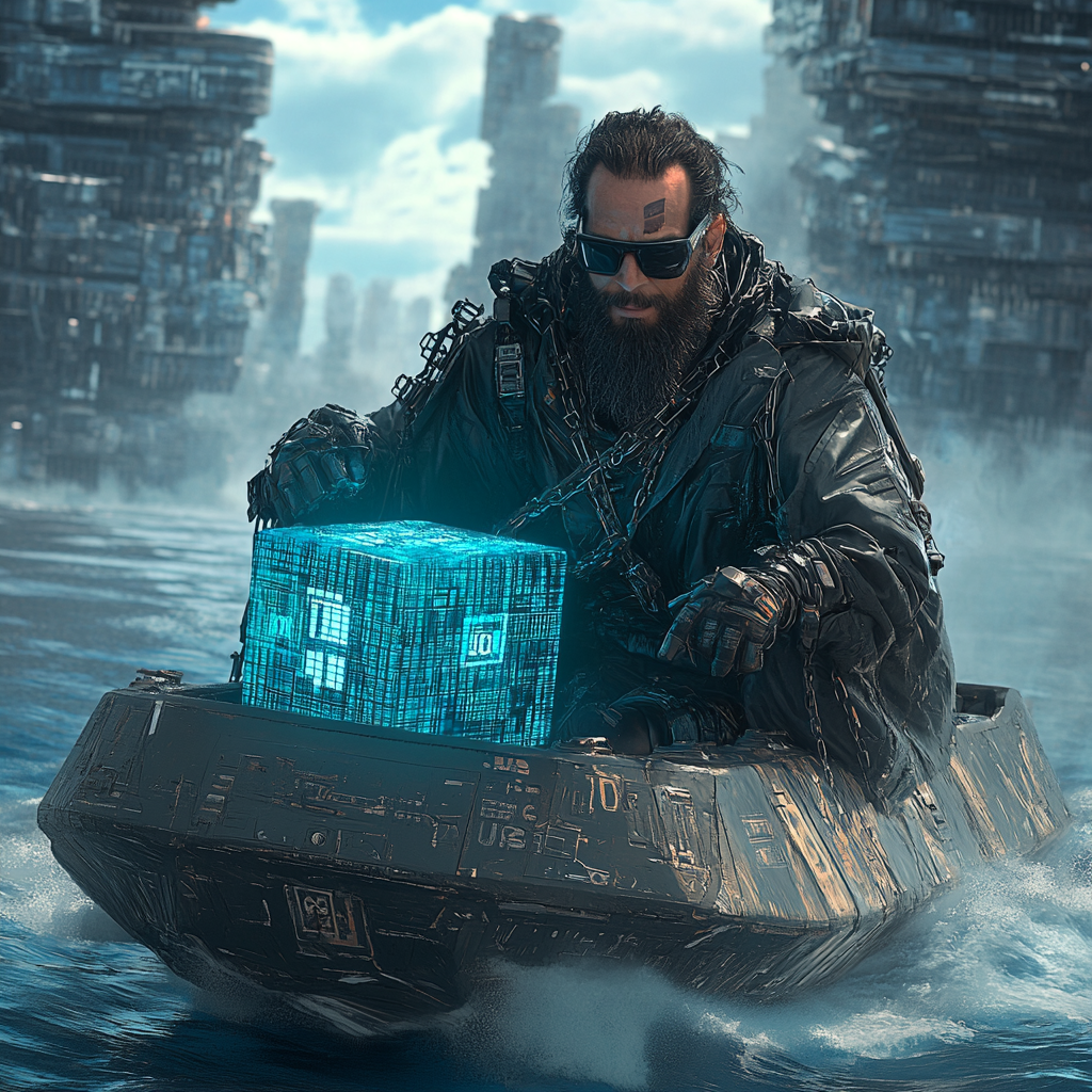 The Man in Cyberpunk Boat with Blue Cube.