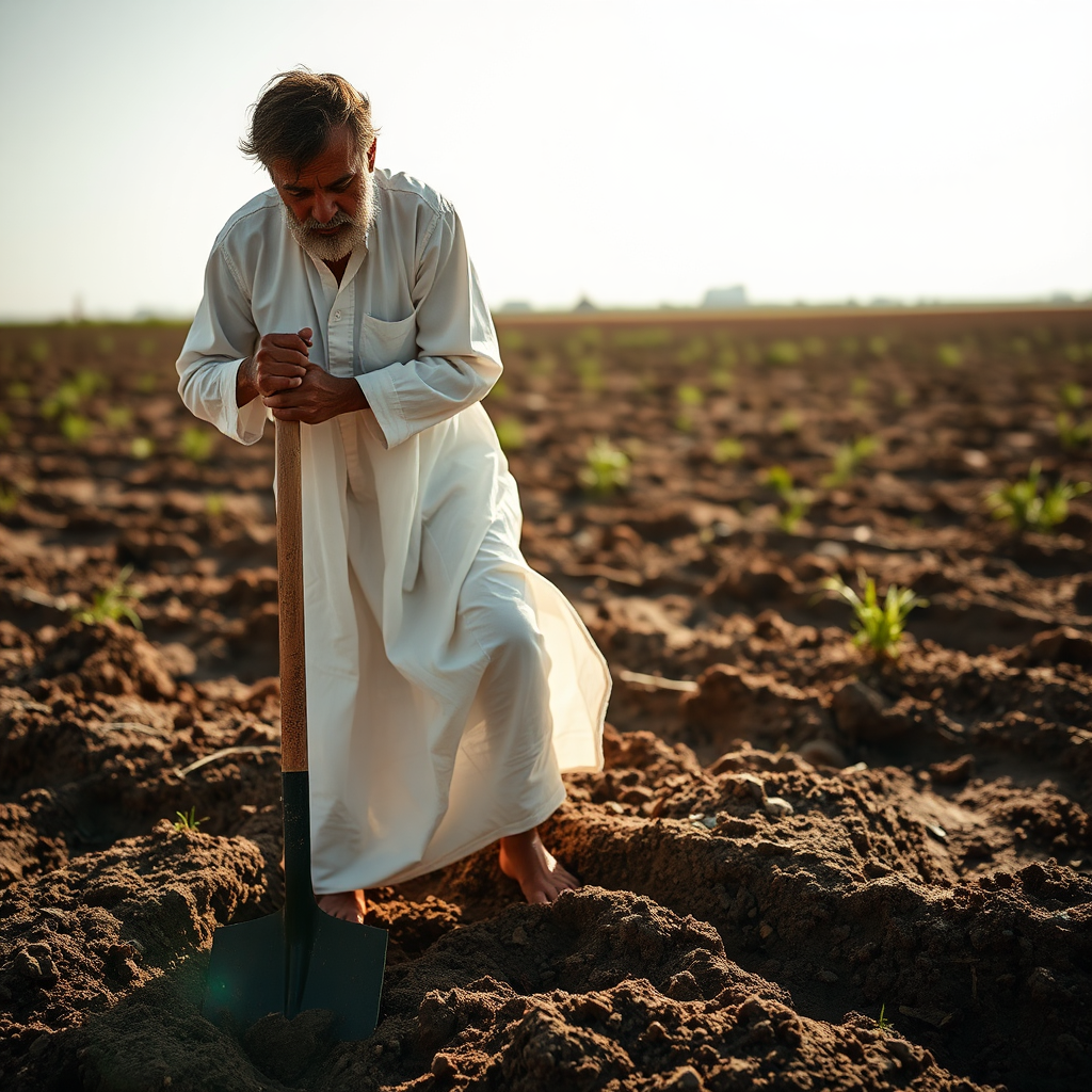 The Man in White Clothes Working in Field