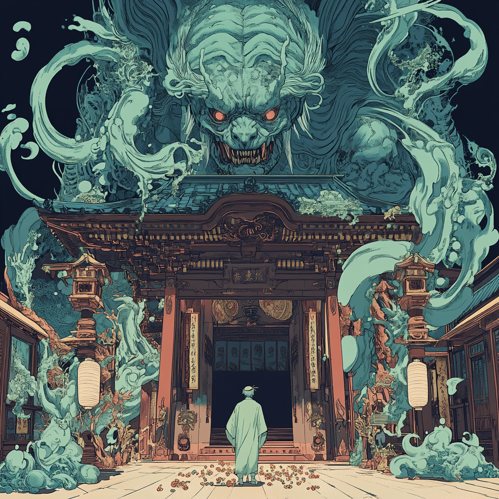 The Medicine Seller confronting Mononoke at shrine.