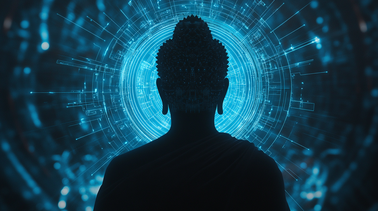 The Meditative Buddha with Blue Glow and Circuitry