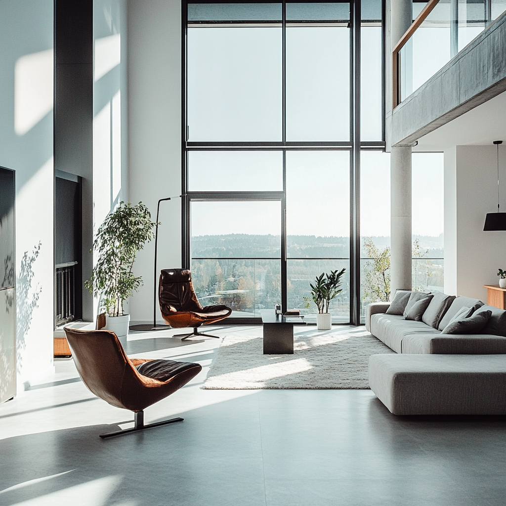 The Modern Bright Living Room With Big Windows.