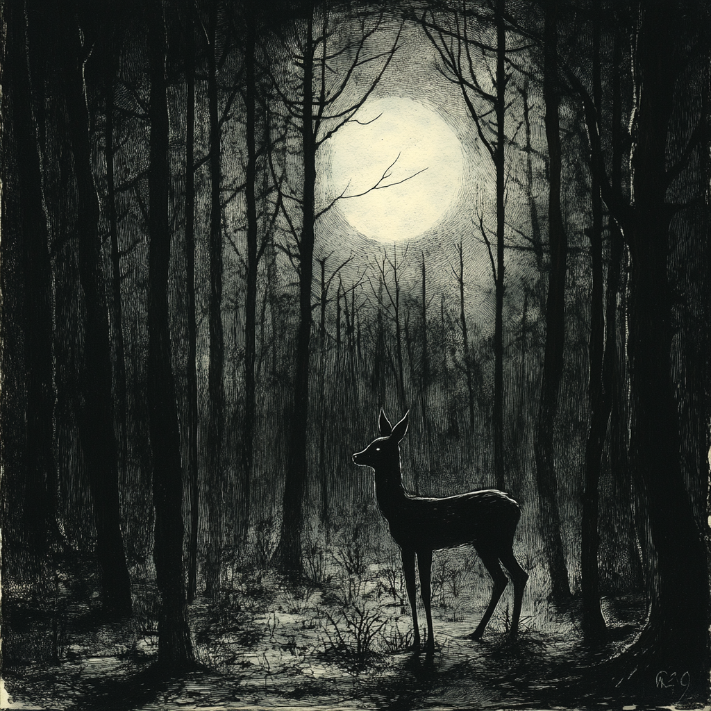 The Mysterious Forest: A Deer in Moonlight