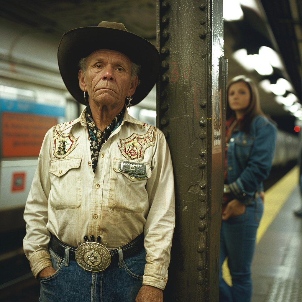 The Old Cowboy in Subway with Diamond Earrings