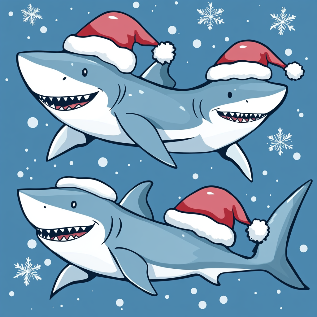 The Playful Sharks in Santa Hats Cartoon