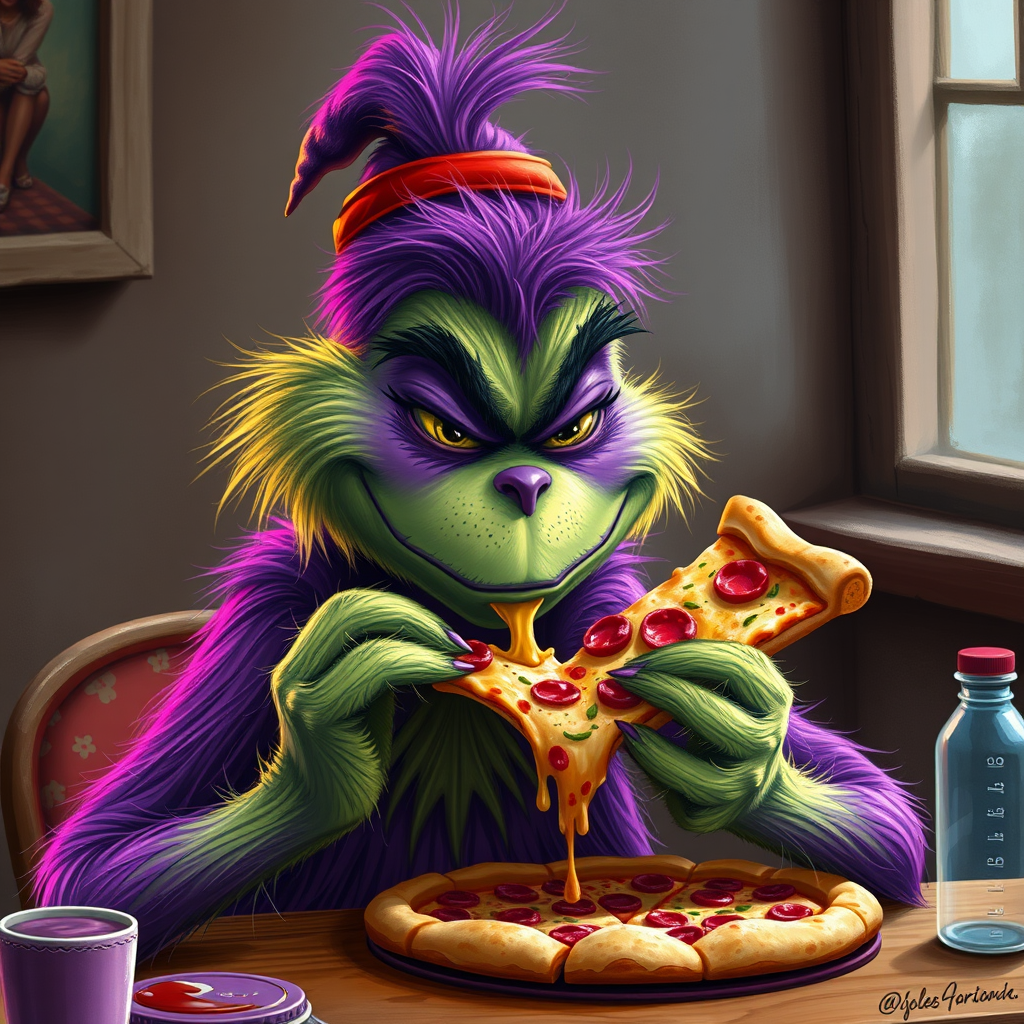 The Purple Grinch Enjoying a Pizza