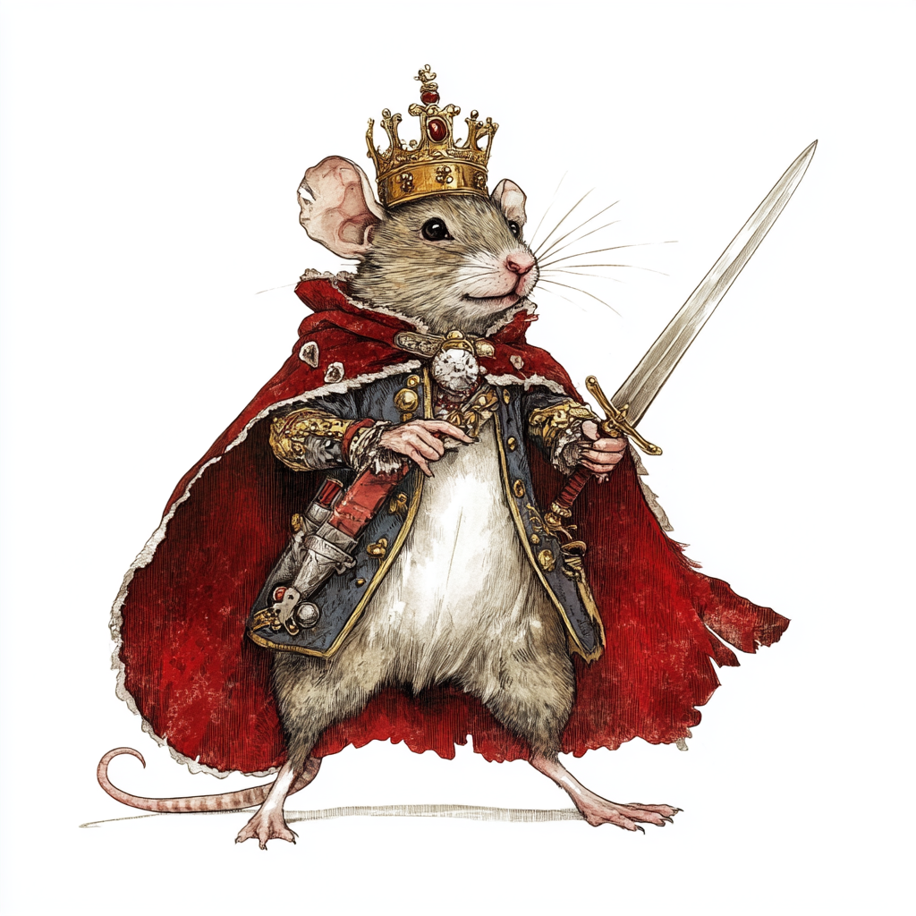 The Rat King in a Crown and Sword, Styled Scandinavian, Beatrix Potter Art.