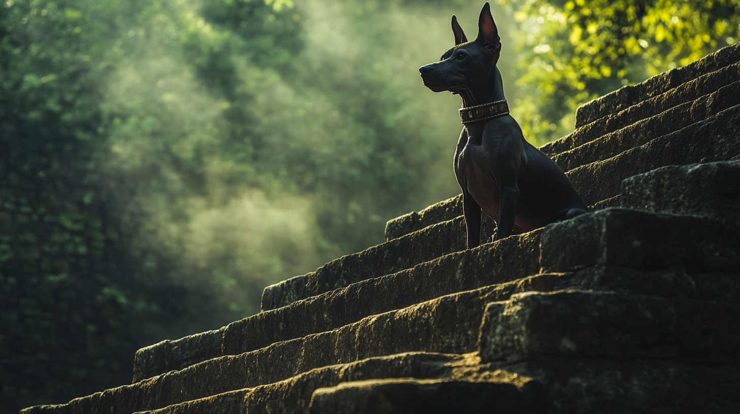 The Regal Xoloitzcuintle on Aztec Pyramid