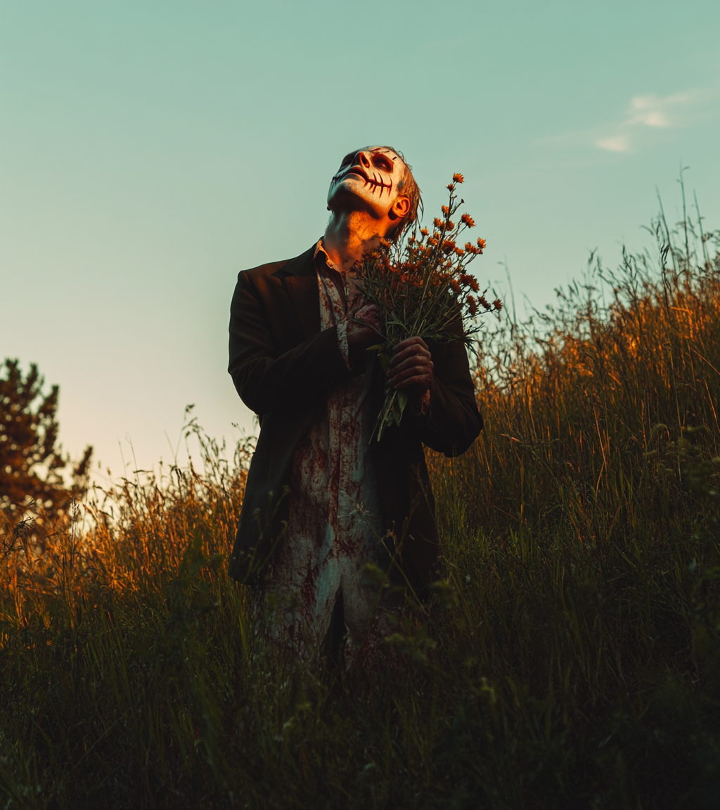 The Romantic Killer Holding Wildflowers on Hillside