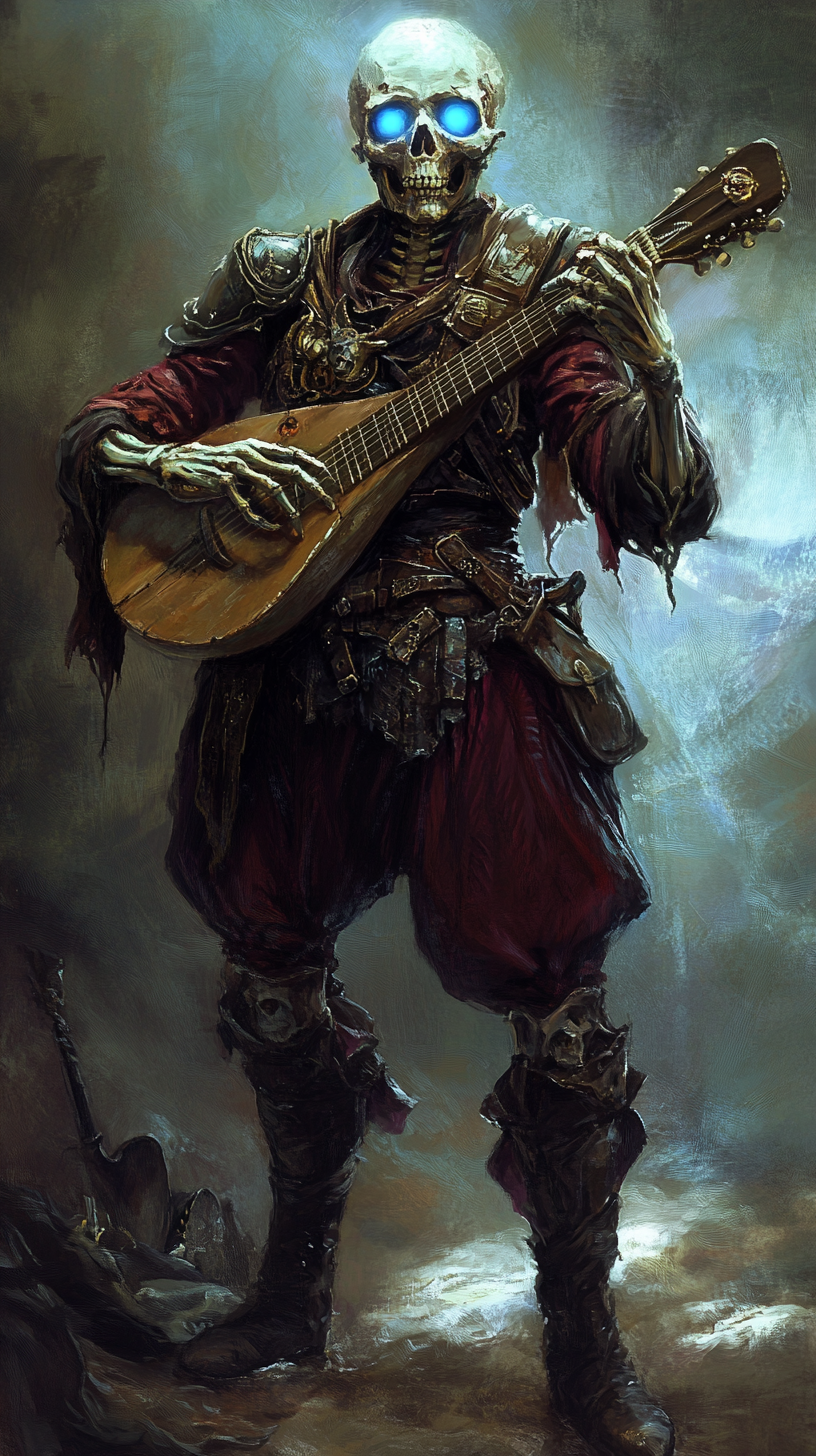 The Skeleton Bard Playing Lute with Blue Eyes