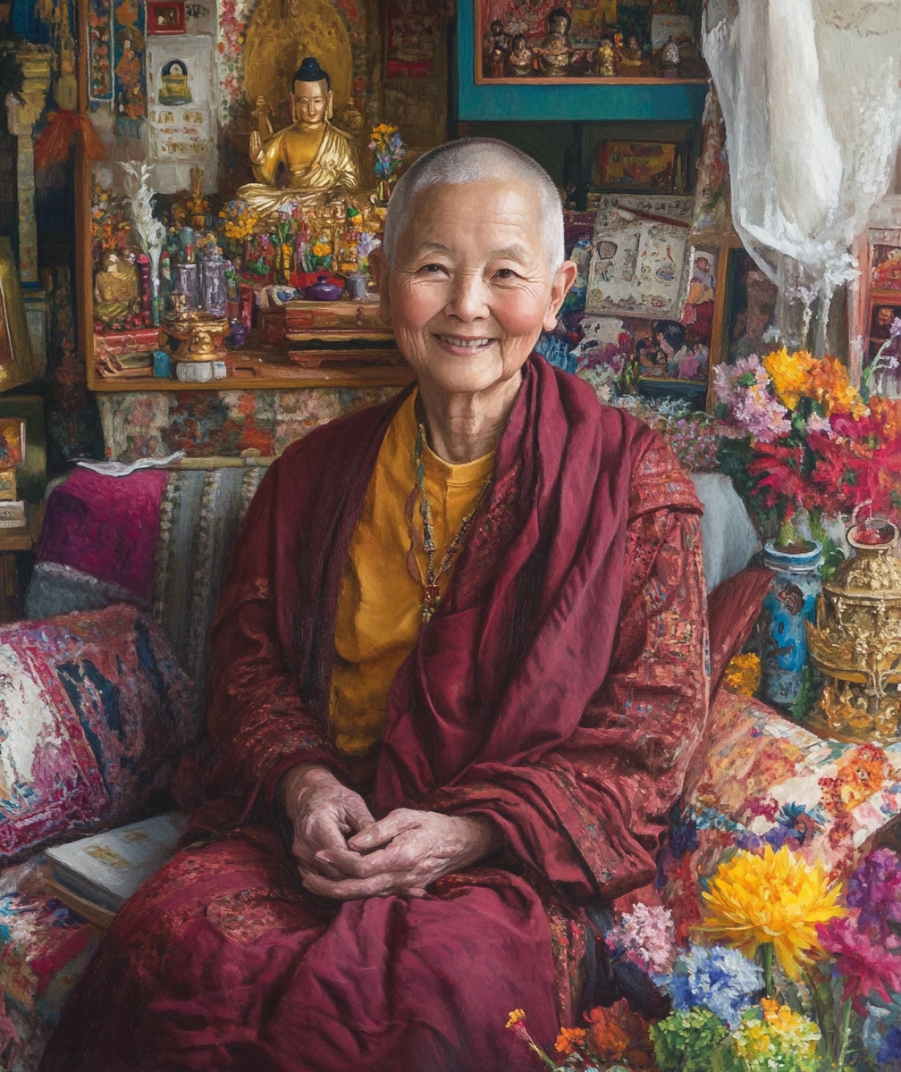 The Smiling Tibetan Nun Amidst Her Beautiful Home