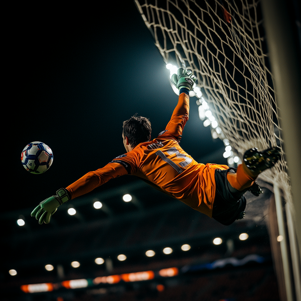 The Soccer Goalkeeper Leaping to Save at Night.