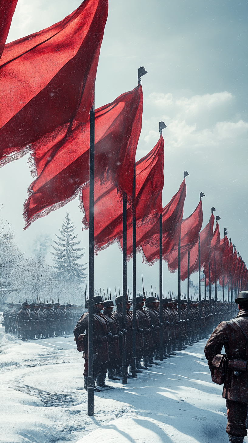 The Soviet army standing in snow with flags.