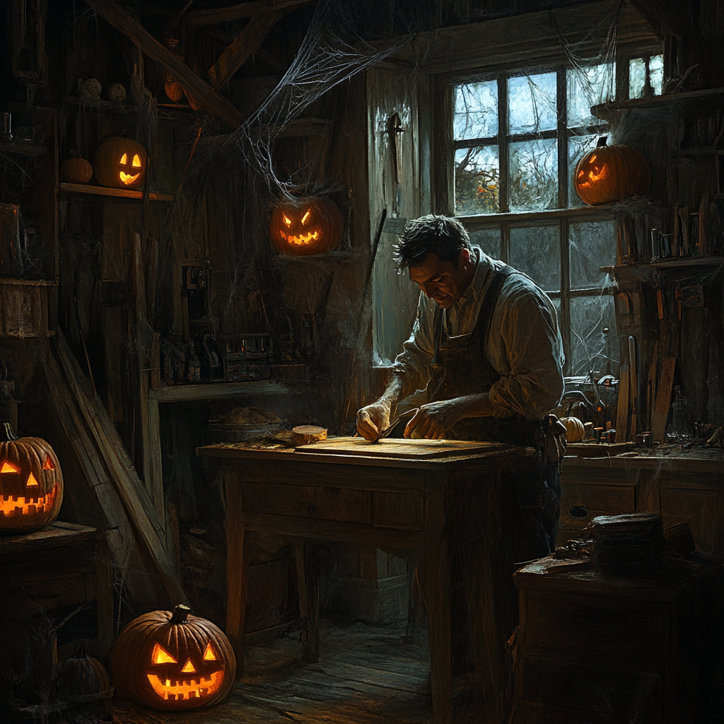 The Spooky Carpenter Carving in Dimly-Lit Workshop