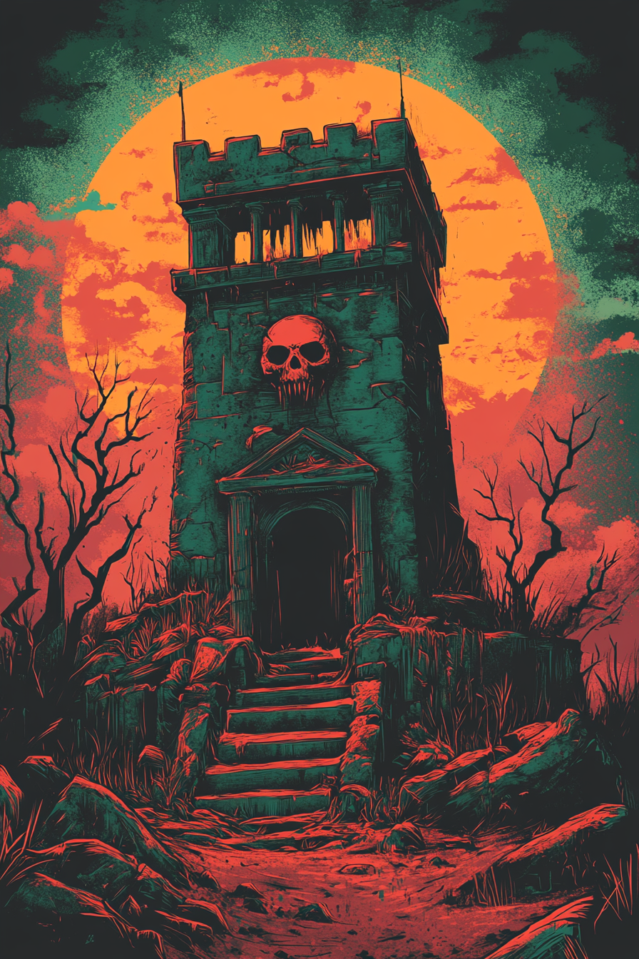 The Spooky Mausoleum T-Shirt Illustration in Synthwave Style