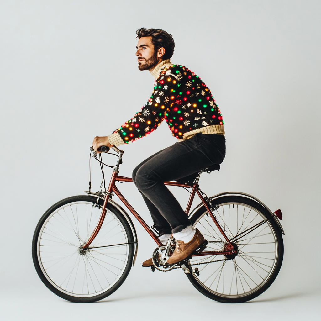 The Stylish Man in Christmas Sweater Rides Bike