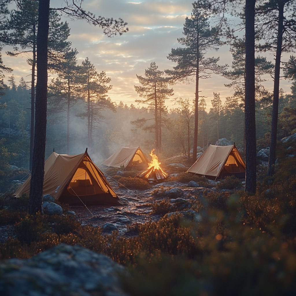 The Sunrise Campsite: Autumn Forest and Fire