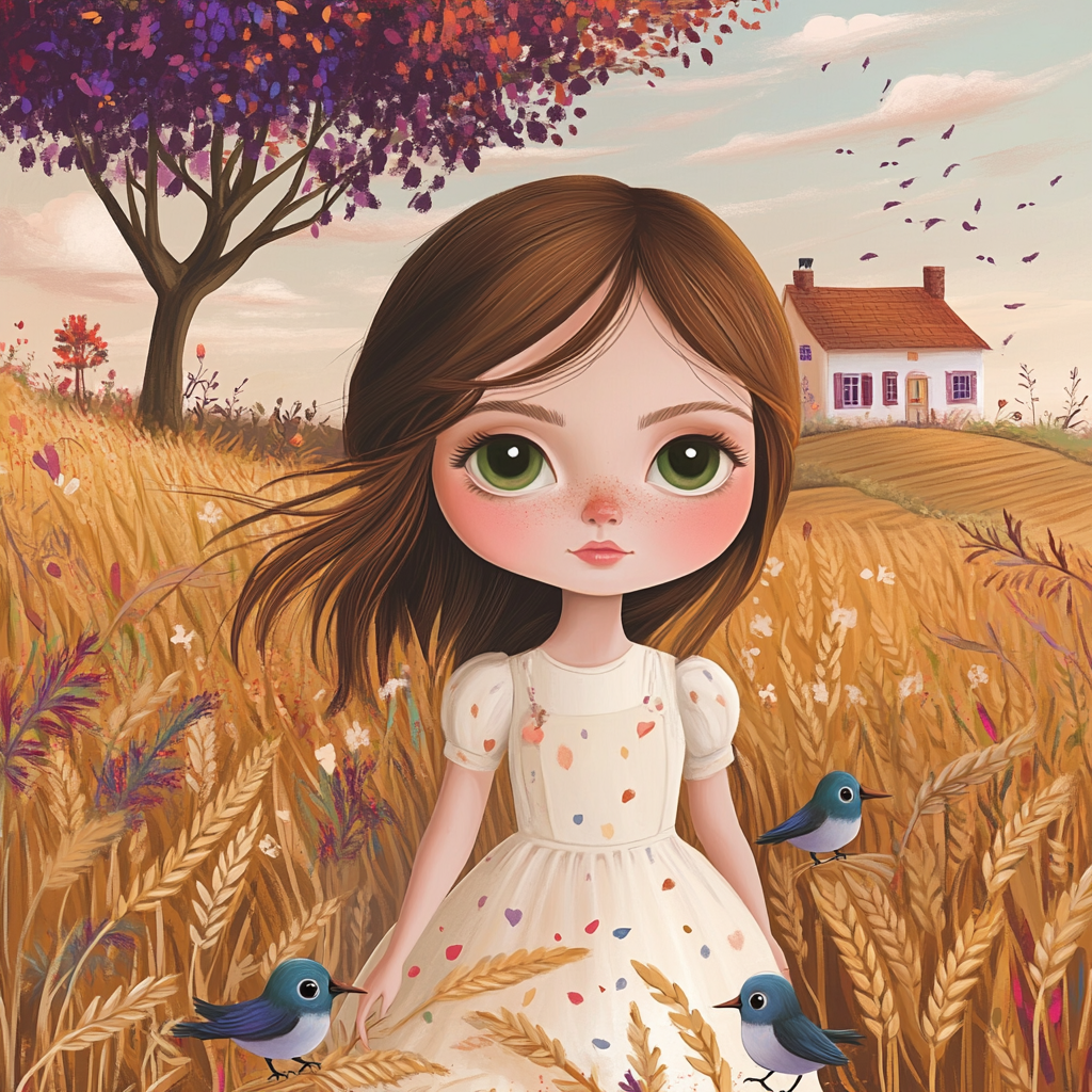 The Sweet Girl Picking Wheat in Dreamy Field