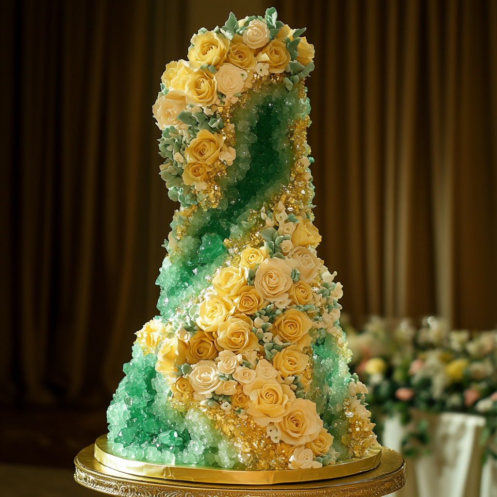 The Tall Green Geode Cake with Yellow Roses