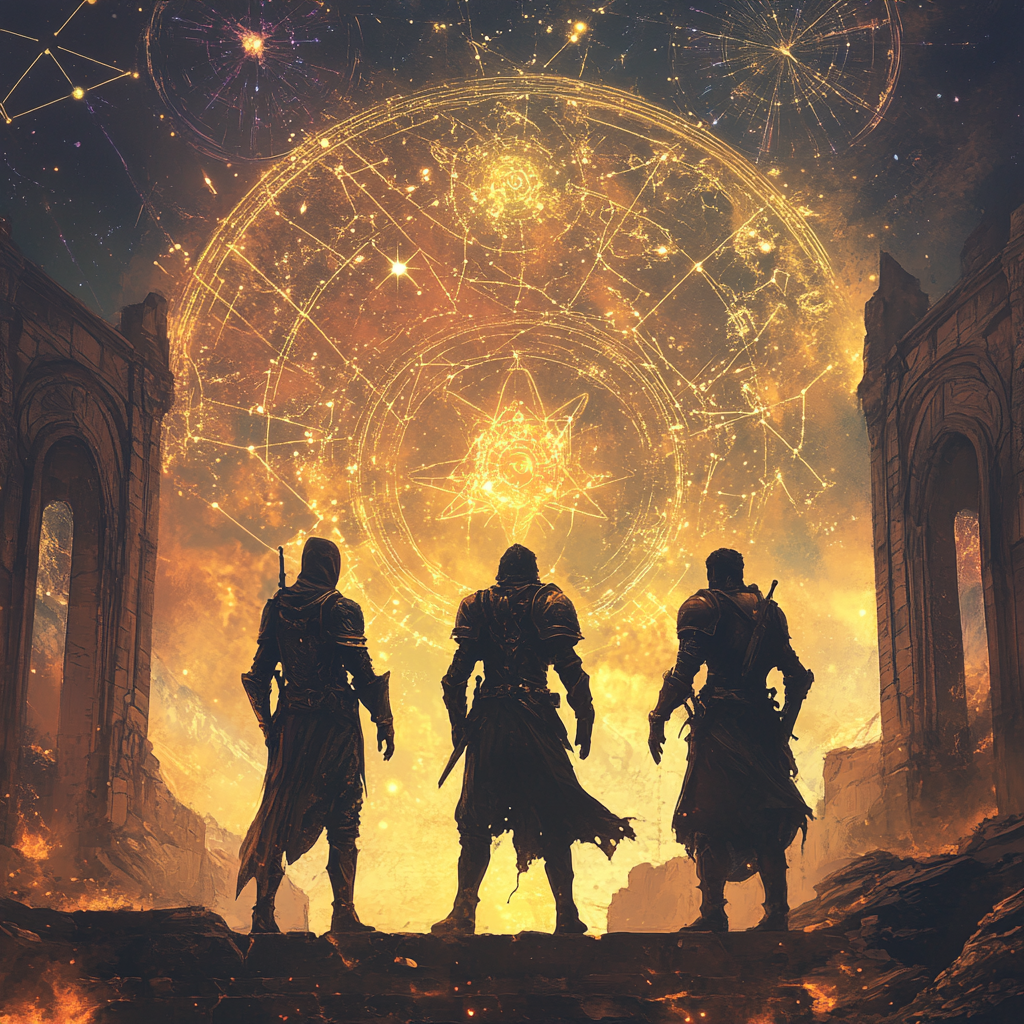 The Three Knights Amidst Celestial Portals