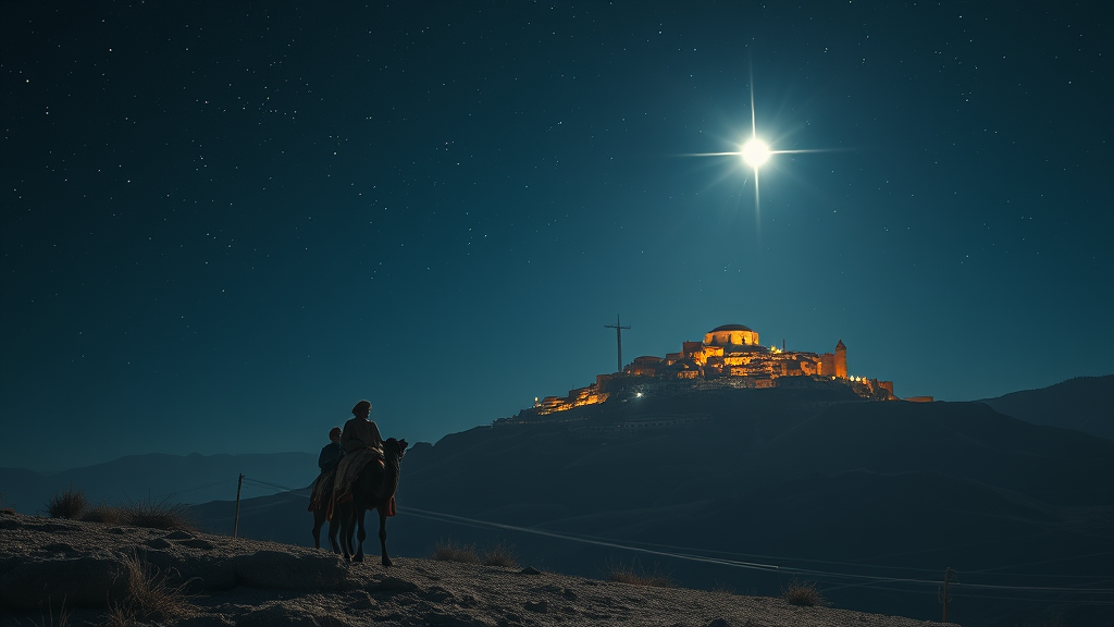 The Three Wise Men Approaching Bethlehem under Starry Sky