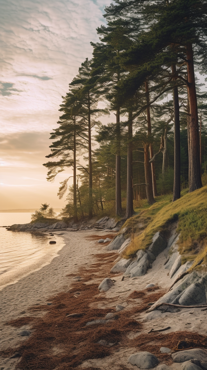 The Tranquil Baltic Coastline with Pine Forests