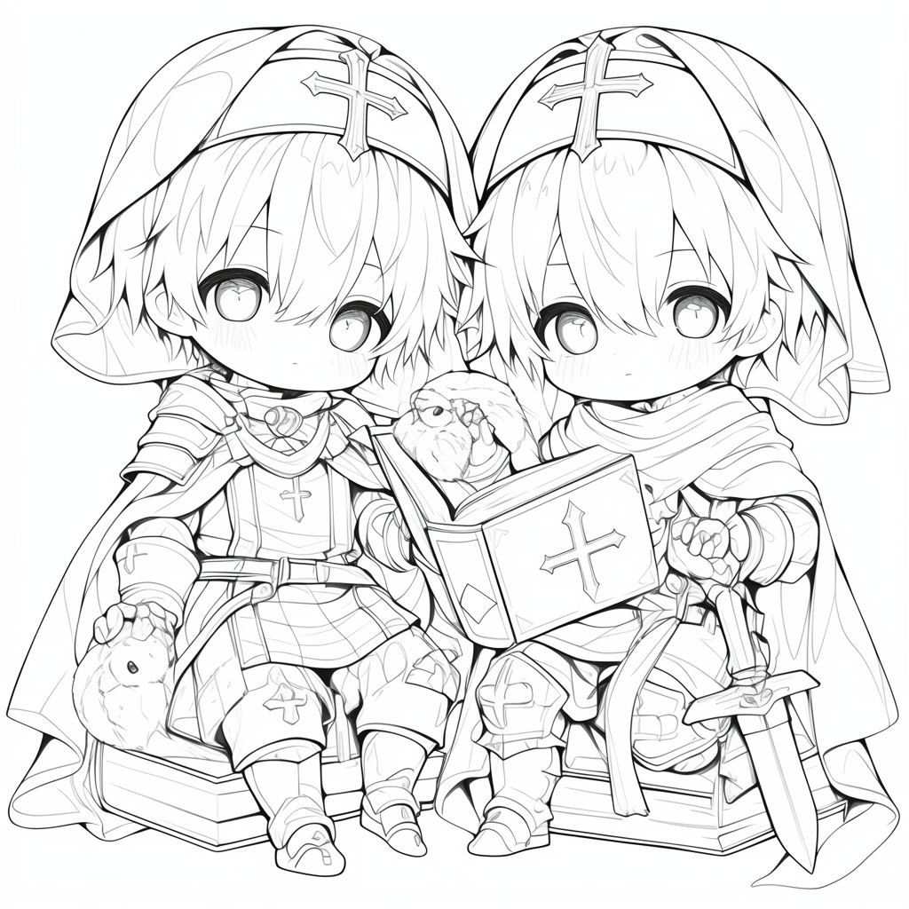 The Twins: Chibi Catholic Knights in Black Ink