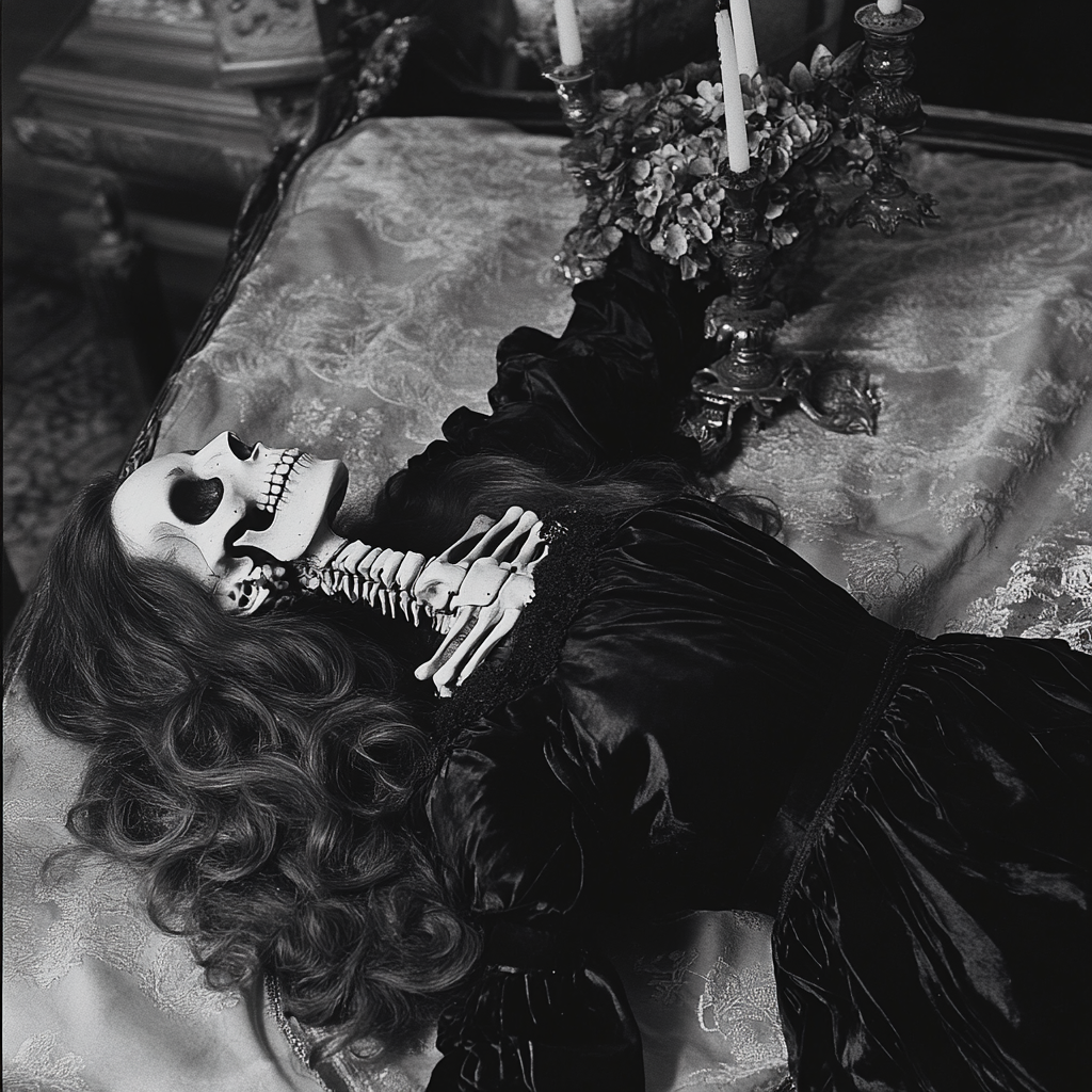 The Victorian lady skeleton resting on a coffin