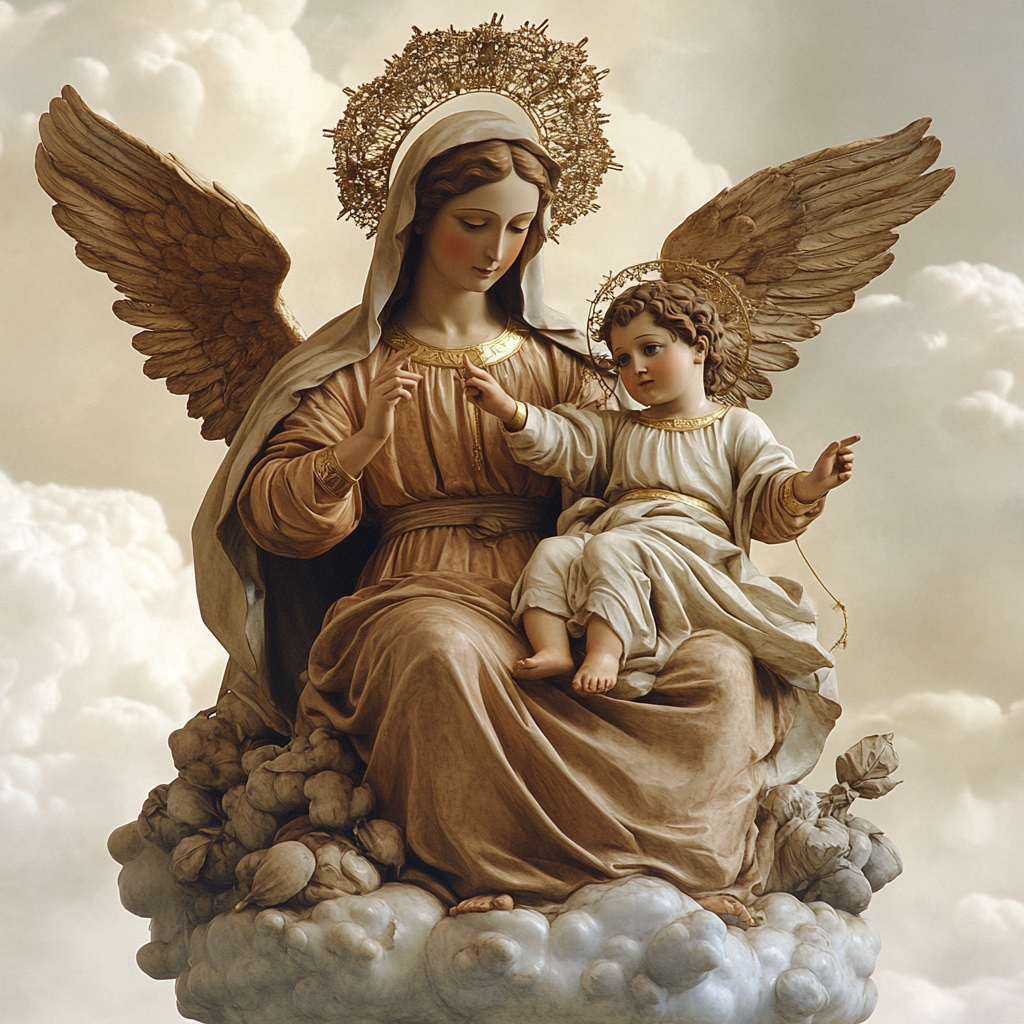 The Virgin Mary Holding Baby Jesus on Cloud Throne