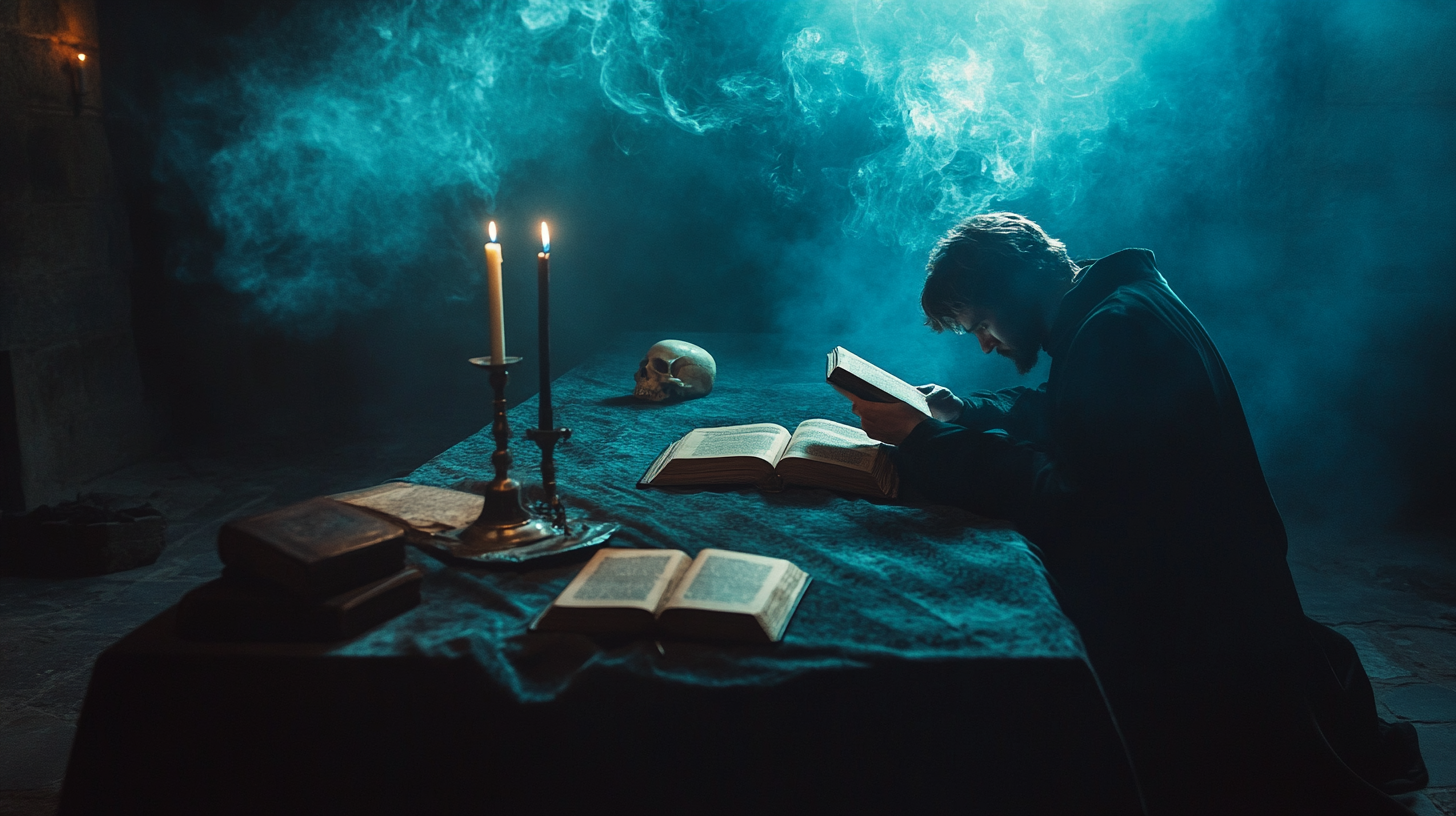 The Warlock's Gloomy Study with Glowing Book