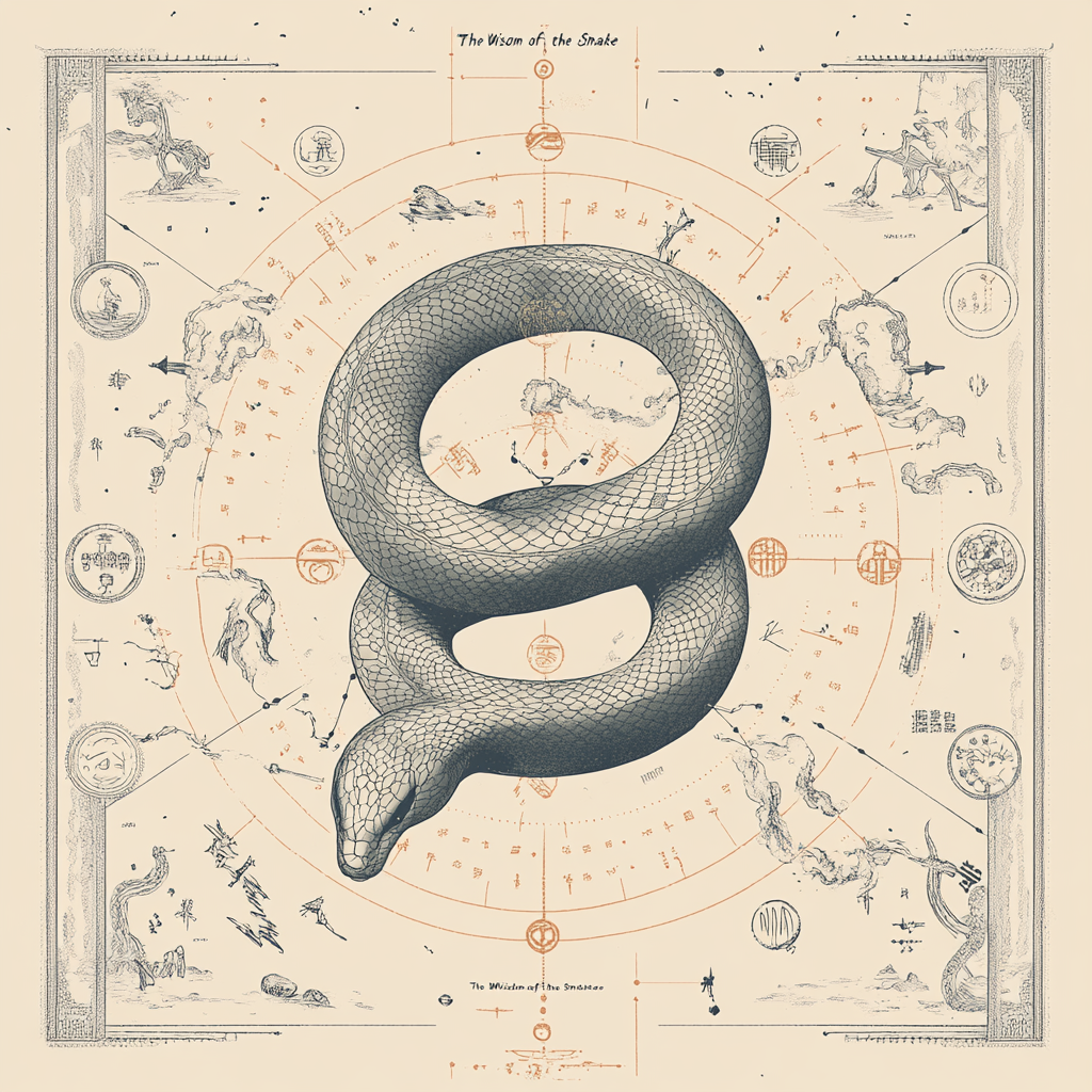 The Wise Snake: Chinese symbols, muted colors, linework