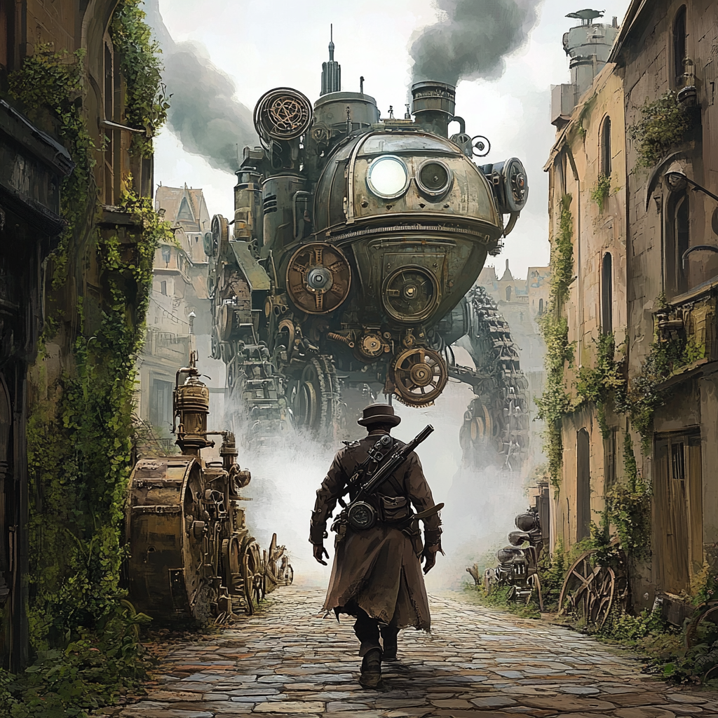 The Wise Steampunk Strategist on Steamy Cobblestone Path